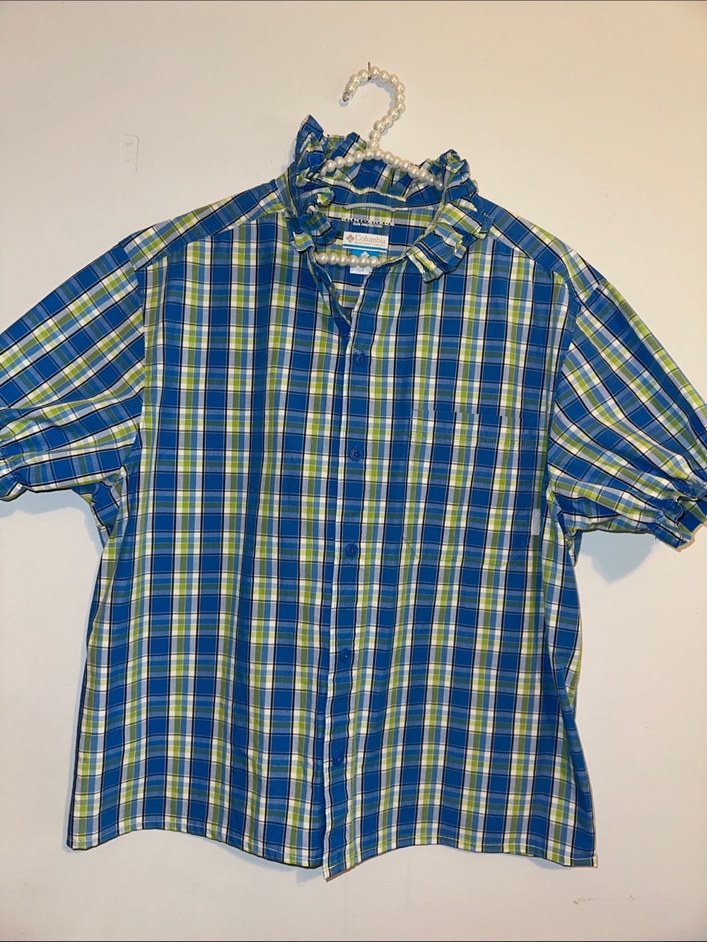 Columbia blue plaid Ruffled collar shirt
